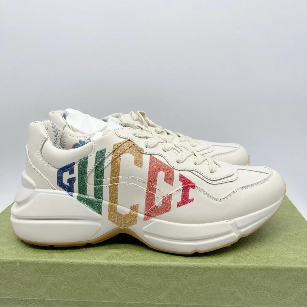 Gucci Rhyton Platform Calfskin Glitter Logo Womens Sneakers Mystic White EU 41 - Picture 7 of 16
